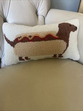 Peking Handicraft Dachshund Hot Dog Hooked Pillow - Cream & Brown